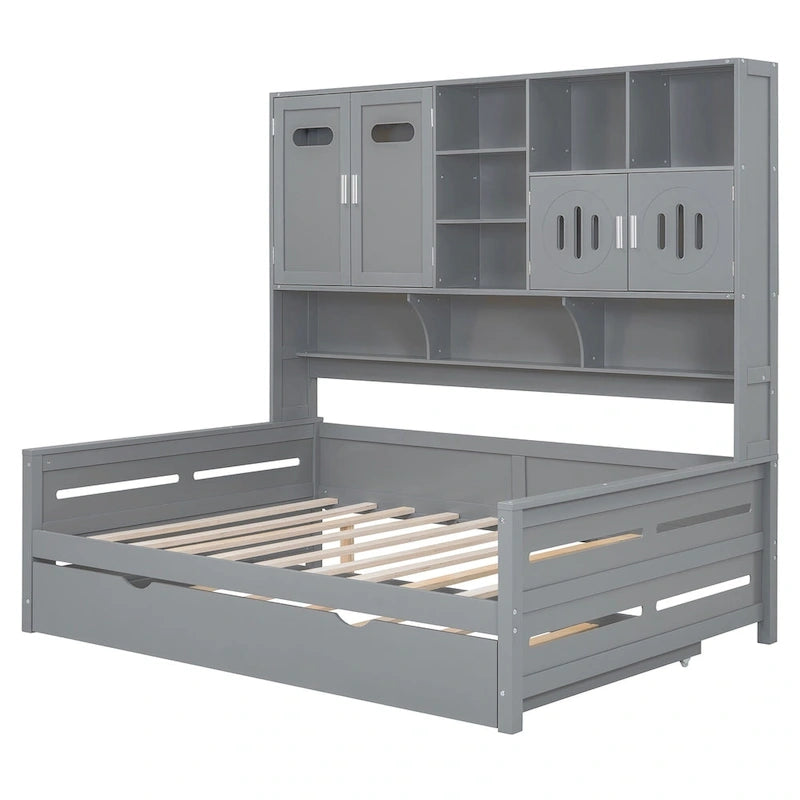 Lit de repos pleine grandeur avec lit gigogne double, cadre de lit en bois massif avec armoire tout-en-un et étagère, lit de repos compact pour chambre à coucher
