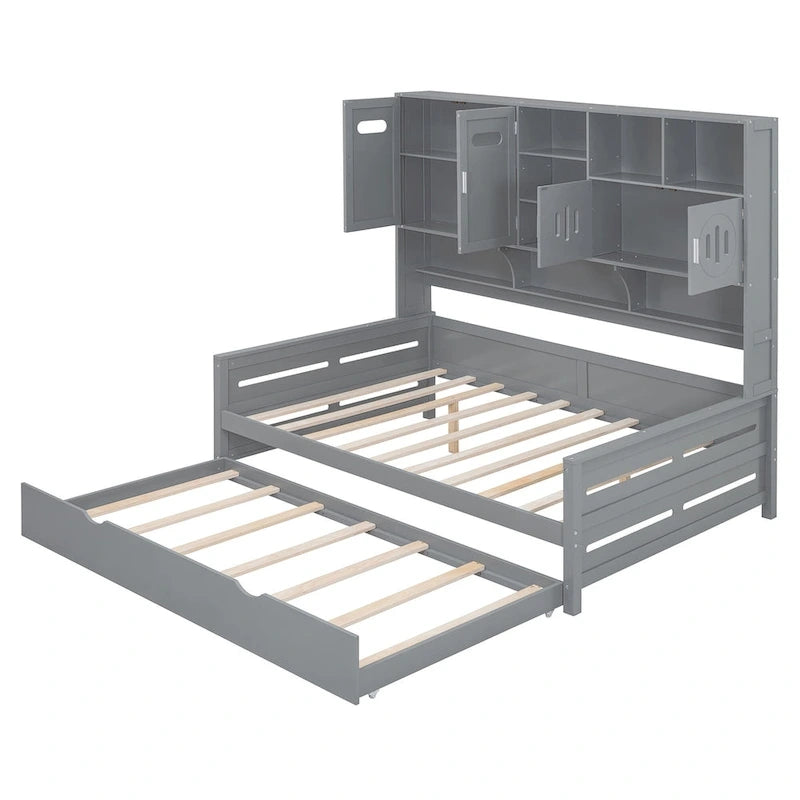 Lit de repos pleine grandeur avec lit gigogne double, cadre de lit en bois massif avec armoire tout-en-un et étagère, lit de repos compact pour chambre à coucher