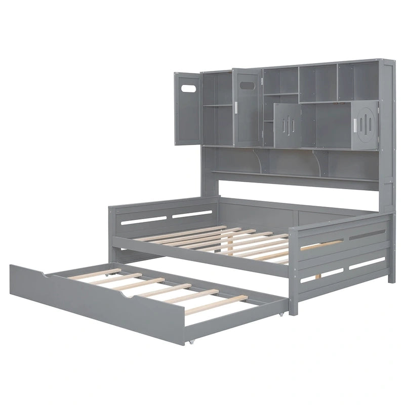 Lit de repos pleine grandeur avec lit gigogne double, cadre de lit en bois massif avec armoire tout-en-un et étagère, lit de repos compact pour chambre à coucher
