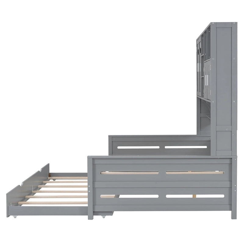 Lit de repos pleine grandeur avec lit gigogne double, cadre de lit en bois massif avec armoire tout-en-un et étagère, lit de repos compact pour chambre à coucher
