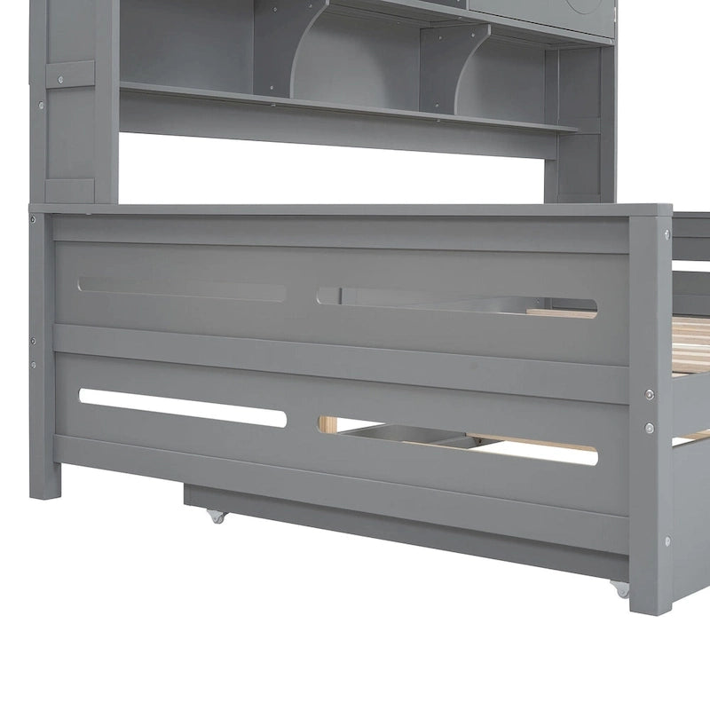 Lit de repos pleine grandeur avec lit gigogne double, cadre de lit en bois massif avec armoire tout-en-un et étagère, lit de repos compact pour chambre à coucher