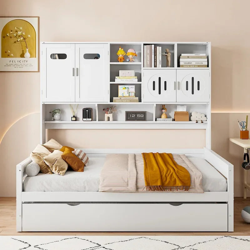 Lit de repos pleine grandeur avec lit gigogne double, cadre de lit en bois massif avec armoire tout-en-un et étagère, lit de repos compact pour chambre à coucher