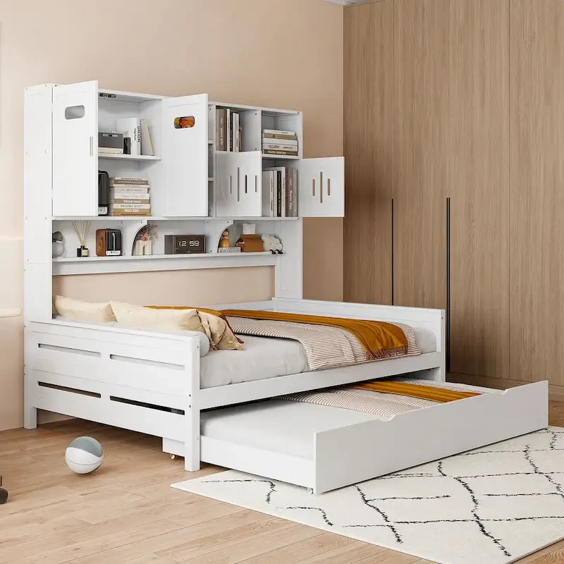 Lit de repos pleine grandeur avec lit gigogne double, cadre de lit en bois massif avec armoire tout-en-un et étagère, lit de repos compact pour chambre à coucher