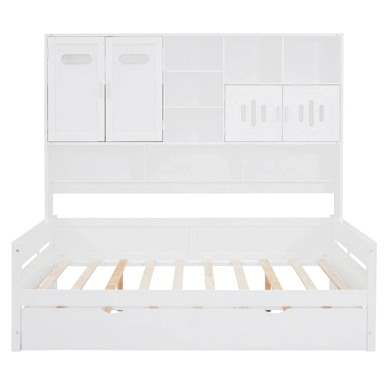 Lit de repos pleine grandeur avec lit gigogne double, cadre de lit en bois massif avec armoire tout-en-un et étagère, lit de repos compact pour chambre à coucher