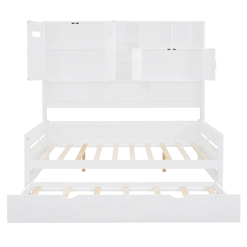 Lit de repos pleine grandeur avec lit gigogne double, cadre de lit en bois massif avec armoire tout-en-un et étagère, lit de repos compact pour chambre à coucher