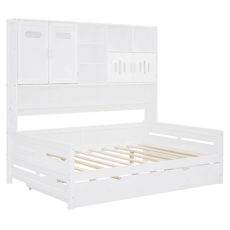 Lit de repos pleine grandeur avec lit gigogne double, cadre de lit en bois massif avec armoire tout-en-un et étagère, lit de repos compact pour chambre à coucher