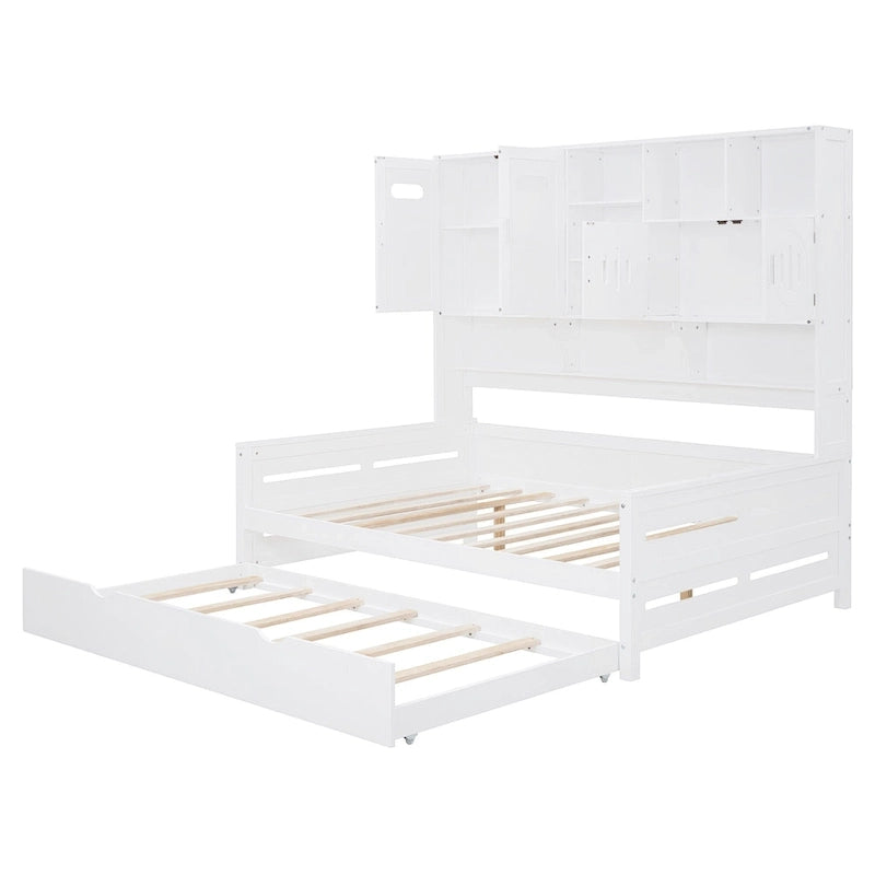 Lit de repos pleine grandeur avec lit gigogne double, cadre de lit en bois massif avec armoire tout-en-un et étagère, lit de repos compact pour chambre à coucher