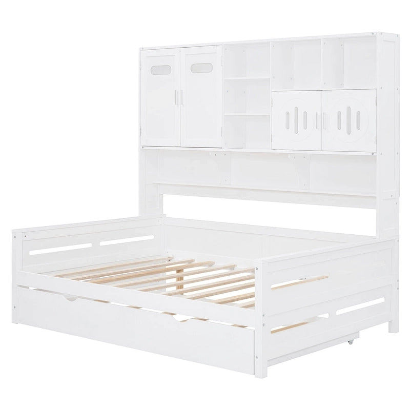 Lit de repos pleine grandeur avec lit gigogne double, cadre de lit en bois massif avec armoire tout-en-un et étagère, lit de repos compact pour chambre à coucher