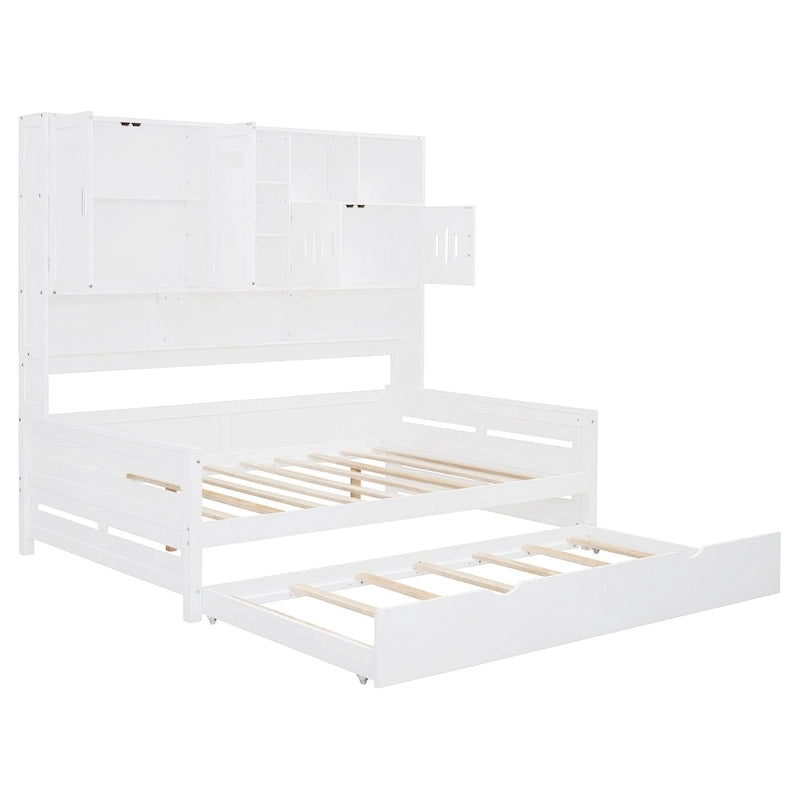 Lit de repos pleine grandeur avec lit gigogne double, cadre de lit en bois massif avec armoire tout-en-un et étagère, lit de repos compact pour chambre à coucher