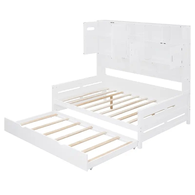 Lit de repos pleine grandeur avec lit gigogne double, cadre de lit en bois massif avec armoire tout-en-un et étagère, lit de repos compact pour chambre à coucher