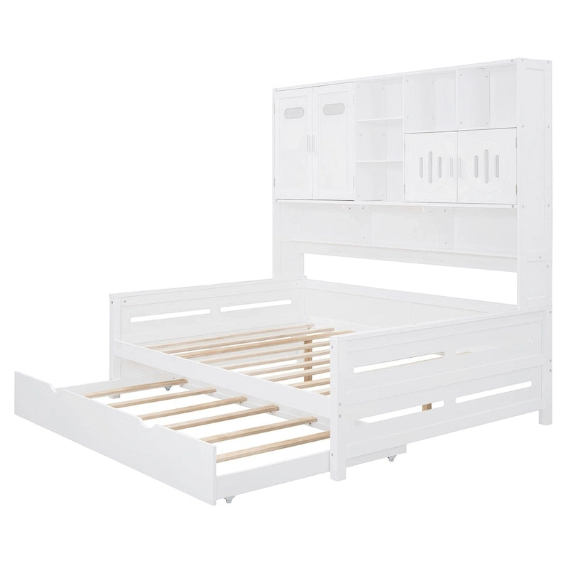 Lit de repos pleine grandeur avec lit gigogne double, cadre de lit en bois massif avec armoire tout-en-un et étagère, lit de repos compact pour chambre à coucher