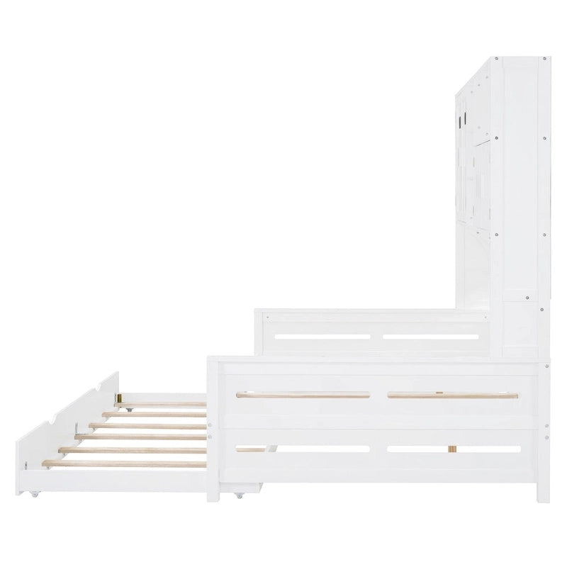 Lit de repos pleine grandeur avec lit gigogne double, cadre de lit en bois massif avec armoire tout-en-un et étagère, lit de repos compact pour chambre à coucher