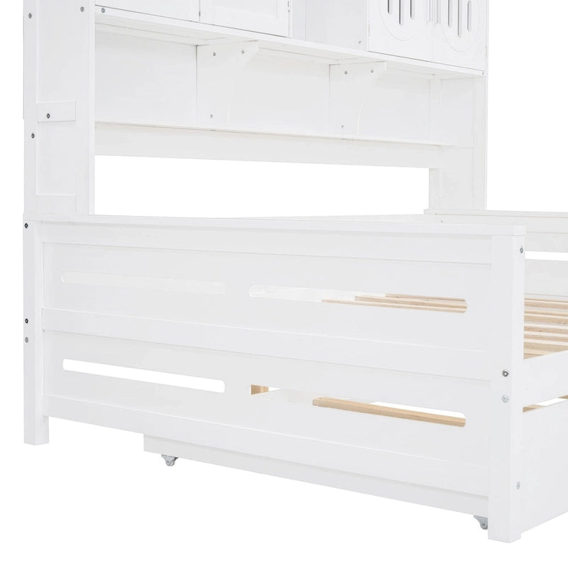 Lit de repos pleine grandeur avec lit gigogne double, cadre de lit en bois massif avec armoire tout-en-un et étagère, lit de repos compact pour chambre à coucher