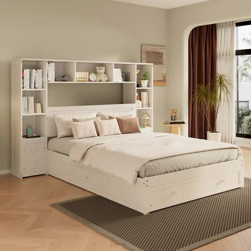 Wood Platform Bed with All-In-One Bookcase Cabinets Shelves Built-in Charging Stations - Captain Bed Frame with Storage Drawers