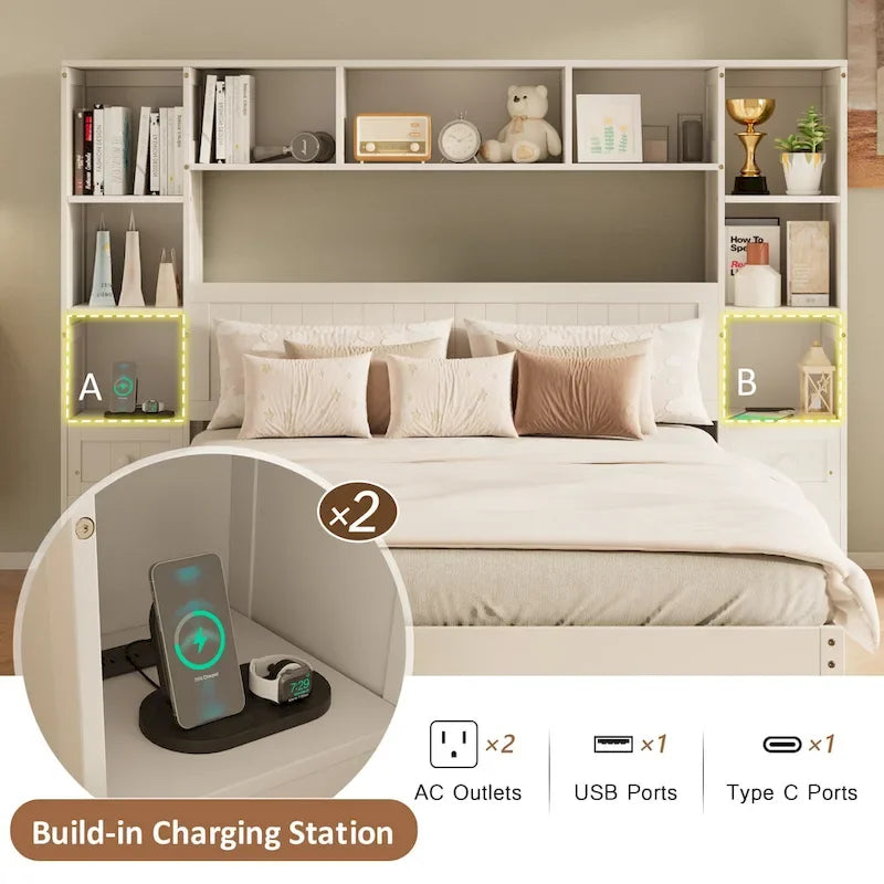 Lit plateforme en bois avec armoires bibliothèques et étagères tout-en-un, stations de charge intégrées - Cadre de lit capitaine avec tiroirs de rangement