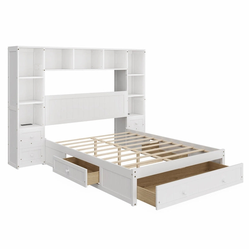 Lit plateforme en bois avec armoires bibliothèques et étagères tout-en-un, stations de charge intégrées - Cadre de lit capitaine avec tiroirs de rangement