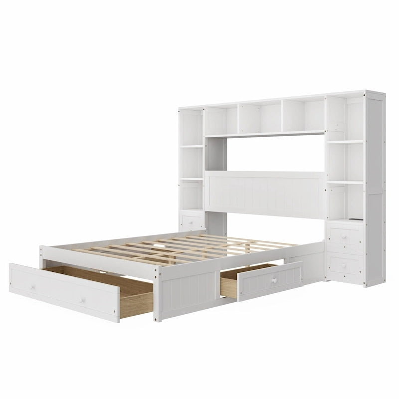 Lit plateforme en bois avec armoires bibliothèques et étagères tout-en-un, stations de charge intégrées - Cadre de lit capitaine avec tiroirs de rangement