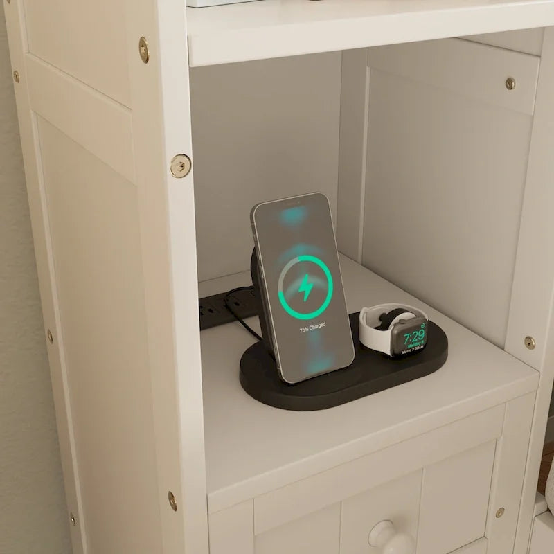 Lit plateforme en bois avec armoires bibliothèques et étagères tout-en-un, stations de charge intégrées - Cadre de lit capitaine avec tiroirs de rangement