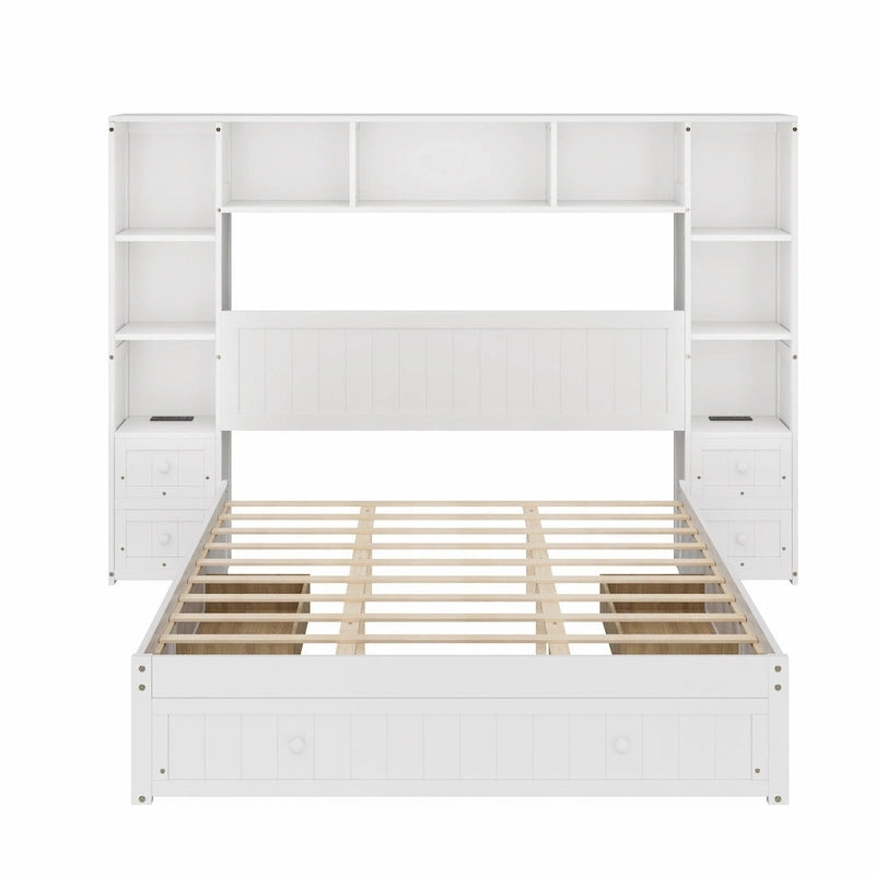 Lit plateforme en bois avec armoires bibliothèques et étagères tout-en-un, stations de charge intégrées - Cadre de lit capitaine avec tiroirs de rangement