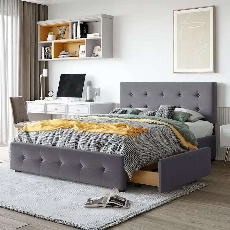 Cadre de lit plateforme capitonné en lin, grand lit (Queen Size), avec 4 tiroirs de rangement