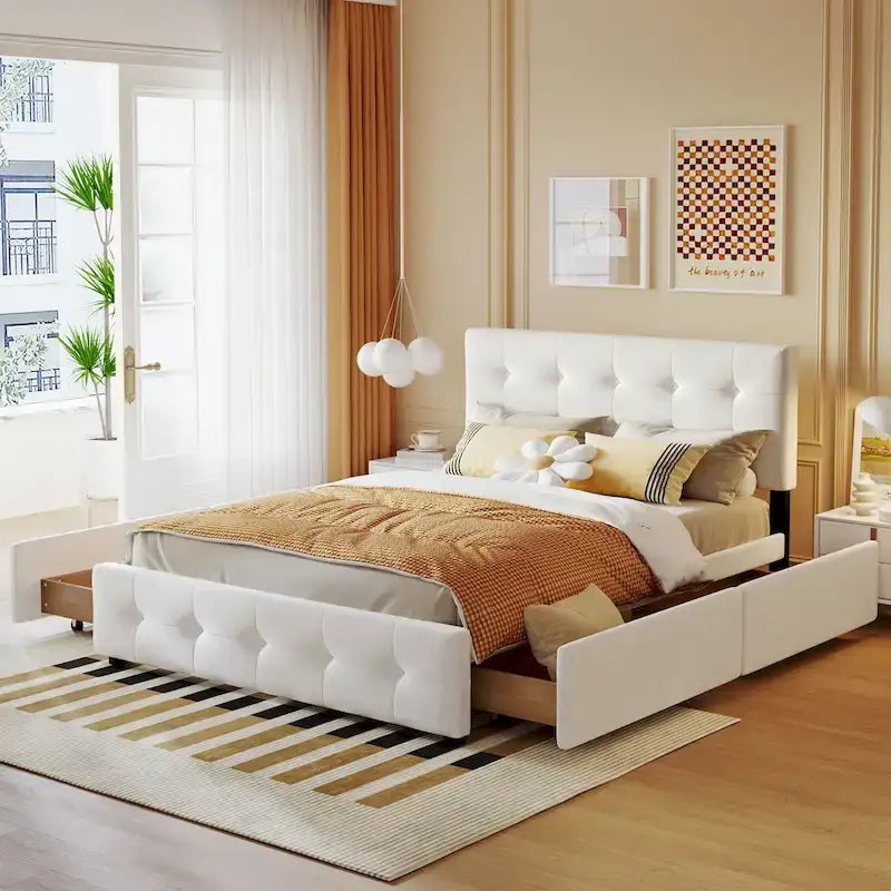 Cadre de lit plateforme capitonné en lin, grand lit (Queen Size), avec 4 tiroirs de rangement