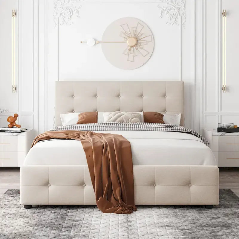 Cadre de lit plateforme capitonné en lin, grand lit (Queen Size), avec 4 tiroirs de rangement