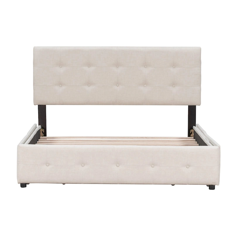 Cadre de lit plateforme capitonné en lin, grand lit (Queen Size), avec 4 tiroirs de rangement
