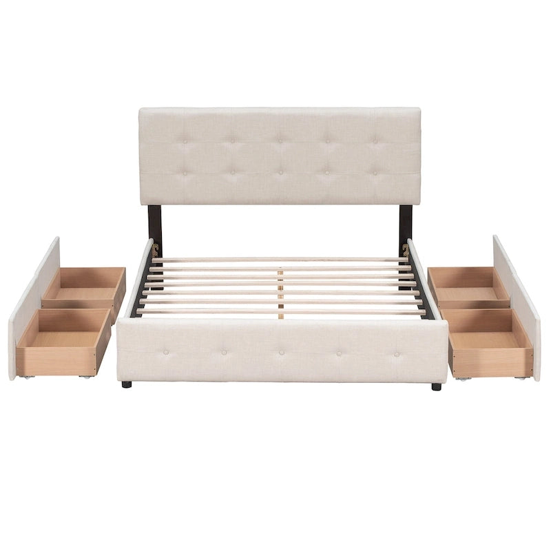Cadre de lit plateforme capitonné en lin, grand lit (Queen Size), avec 4 tiroirs de rangement