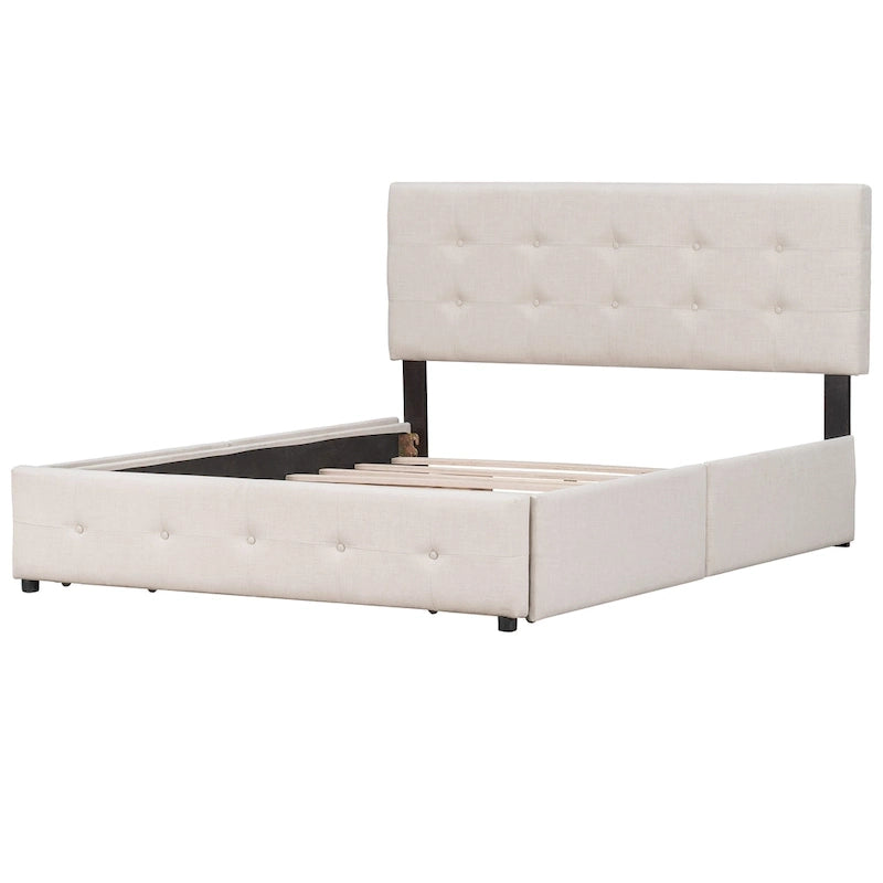 Cadre de lit plateforme capitonné en lin, grand lit (Queen Size), avec 4 tiroirs de rangement