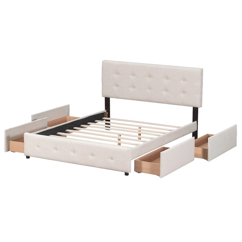 Cadre de lit plateforme capitonné en lin, grand lit (Queen Size), avec 4 tiroirs de rangement
