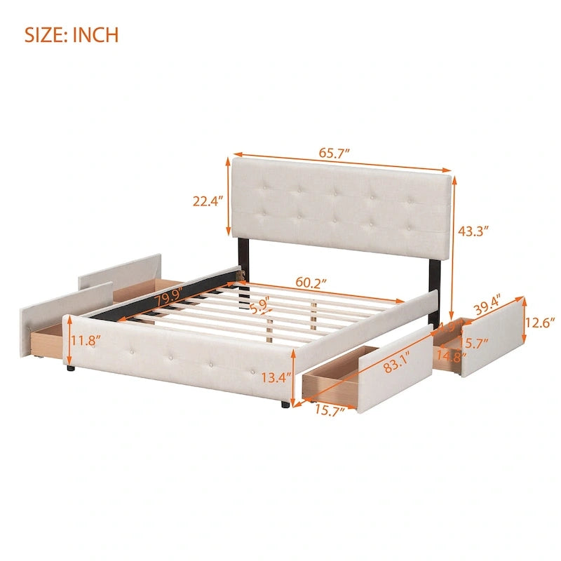Cadre de lit plateforme capitonné en lin, grand lit (Queen Size), avec 4 tiroirs de rangement