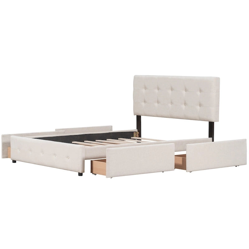 Cadre de lit plateforme capitonné en lin, grand lit (Queen Size), avec 4 tiroirs de rangement