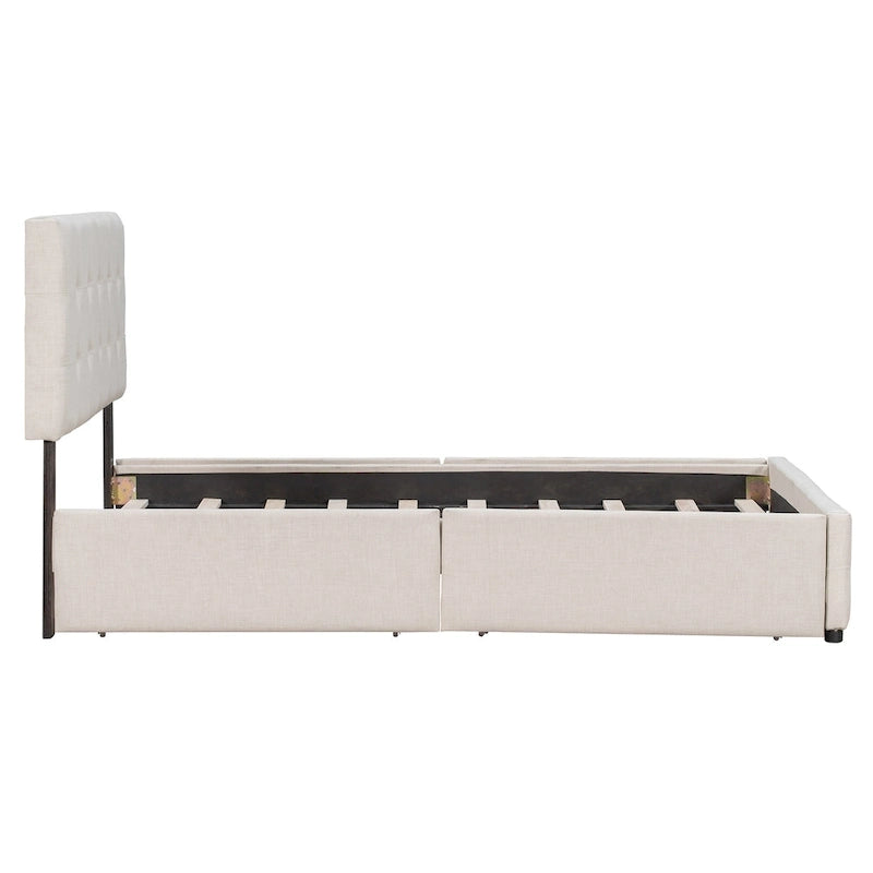 Cadre de lit plateforme capitonné en lin, grand lit (Queen Size), avec 4 tiroirs de rangement