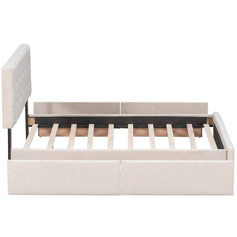 Cadre de lit plateforme capitonné en lin, grand lit (Queen Size), avec 4 tiroirs de rangement