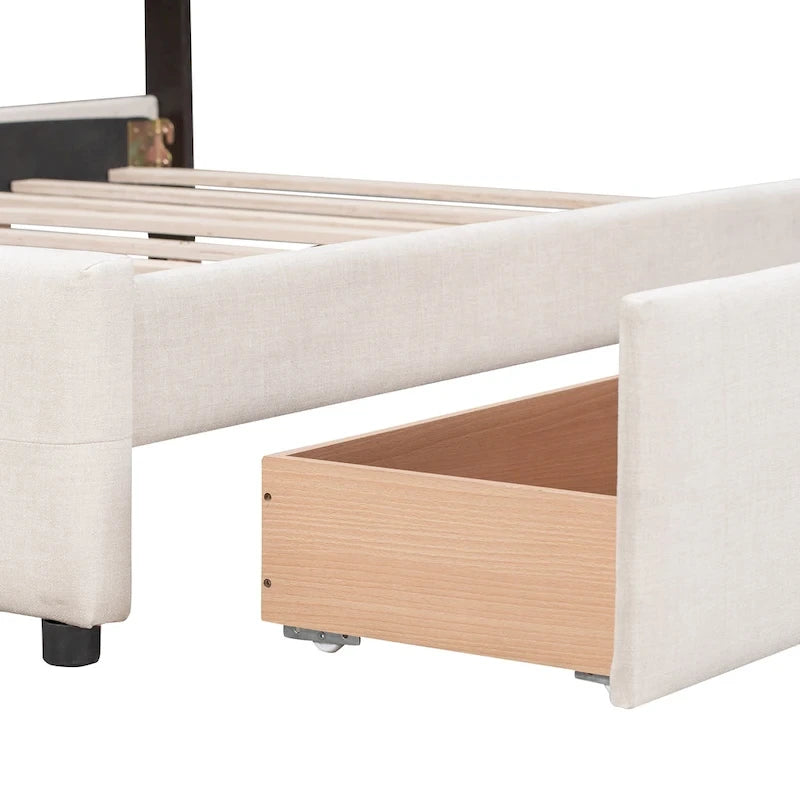 Cadre de lit plateforme capitonné en lin, grand lit (Queen Size), avec 4 tiroirs de rangement