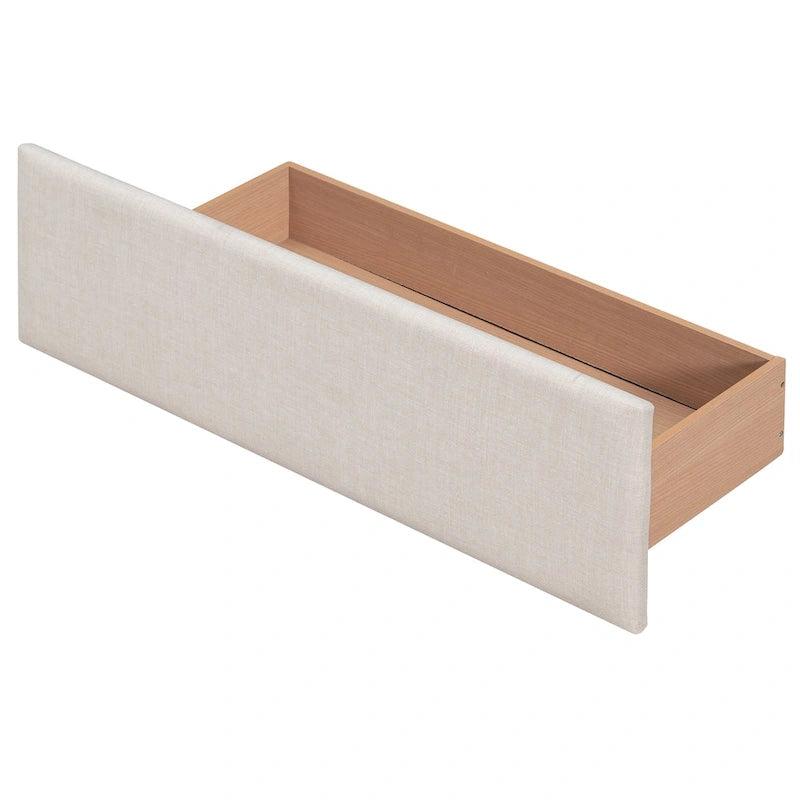 Cadre de lit plateforme capitonné en lin, grand lit (Queen Size), avec 4 tiroirs de rangement