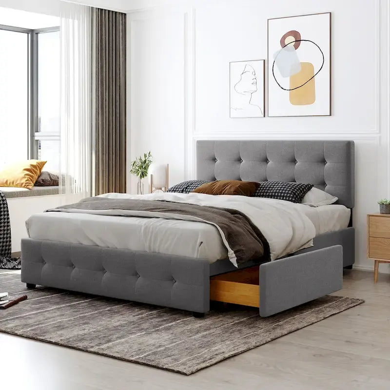 Cadre de lit plateforme capitonné en lin, grand lit (Queen Size), avec 4 tiroirs de rangement