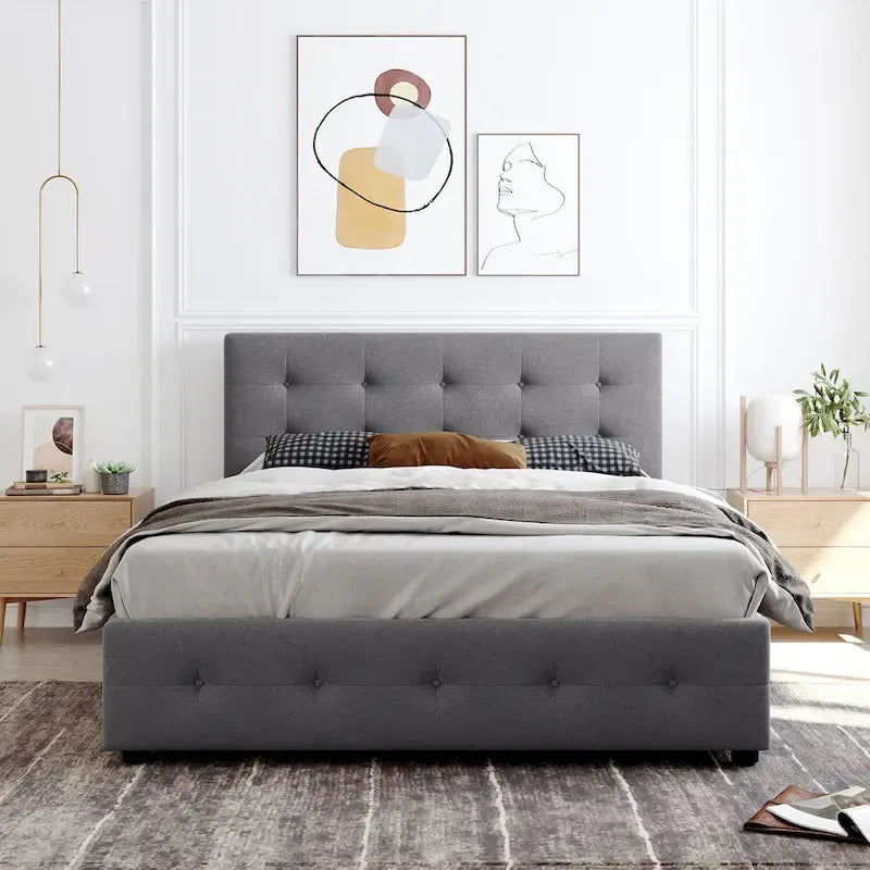 Cadre de lit plateforme capitonné en lin, grand lit (Queen Size), avec 4 tiroirs de rangement