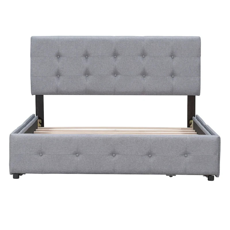 Cadre de lit plateforme capitonné en lin, grand lit (Queen Size), avec 4 tiroirs de rangement