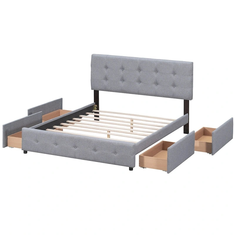 Cadre de lit plateforme capitonné en lin, grand lit (Queen Size), avec 4 tiroirs de rangement