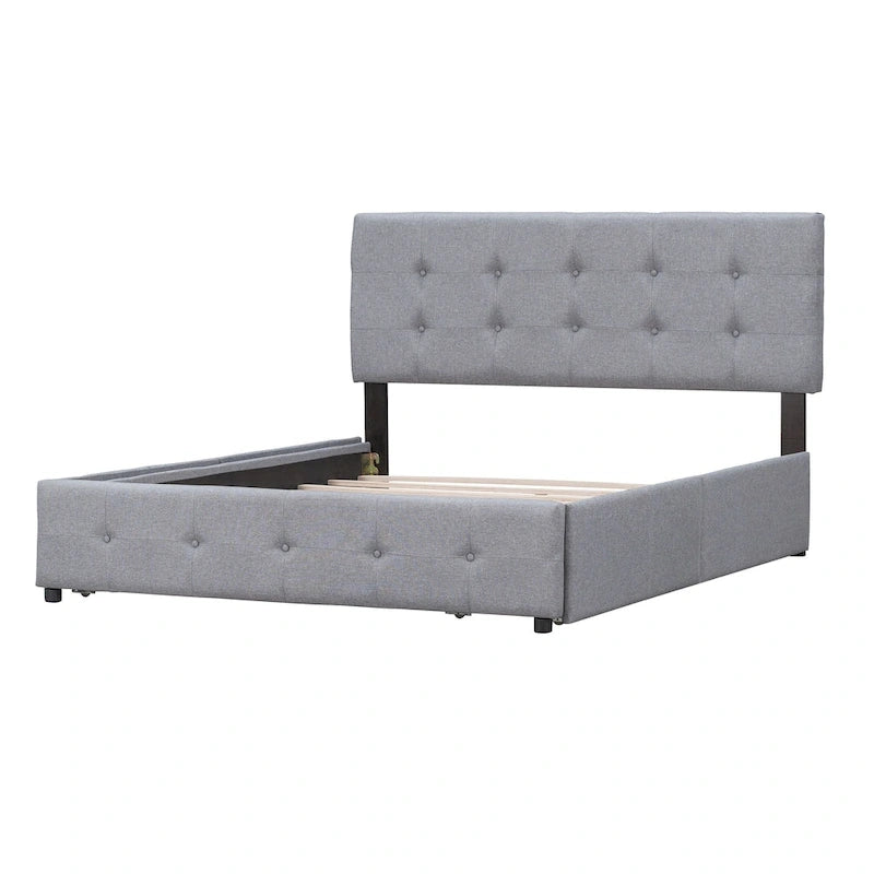 Cadre de lit plateforme capitonné en lin, grand lit (Queen Size), avec 4 tiroirs de rangement