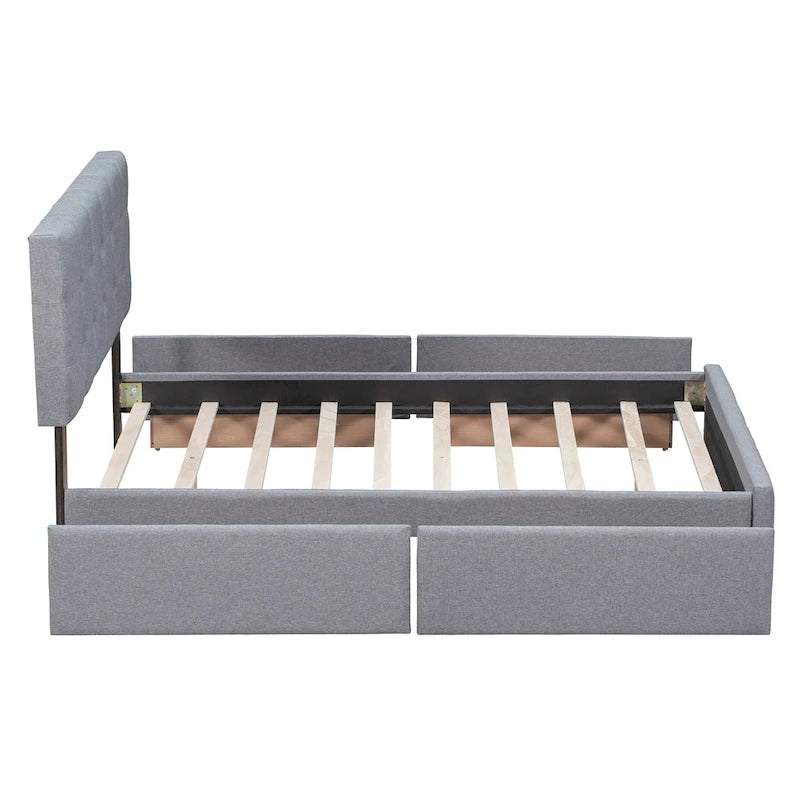 Cadre de lit plateforme capitonné en lin, grand lit (Queen Size), avec 4 tiroirs de rangement