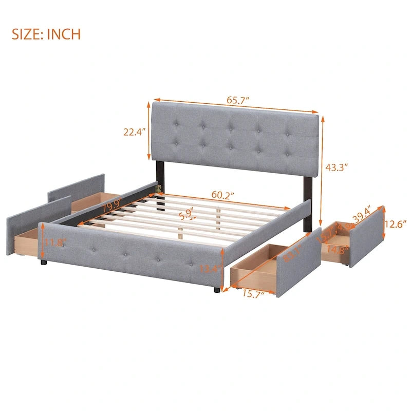 Cadre de lit plateforme capitonné en lin, grand lit (Queen Size), avec 4 tiroirs de rangement