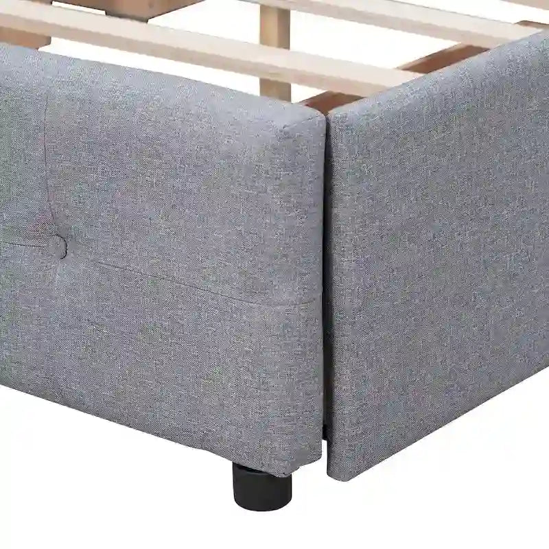 Cadre de lit plateforme capitonné en lin, grand lit (Queen Size), avec 4 tiroirs de rangement