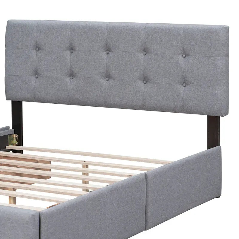 Cadre de lit plateforme capitonné en lin, grand lit (Queen Size), avec 4 tiroirs de rangement