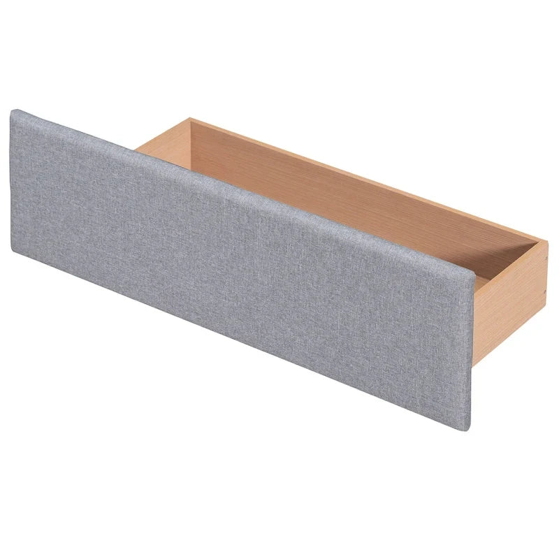 Cadre de lit plateforme capitonné en lin, grand lit (Queen Size), avec 4 tiroirs de rangement