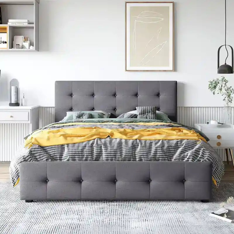 Cadre de lit plateforme capitonné en lin, grand lit (Queen Size), avec 4 tiroirs de rangement