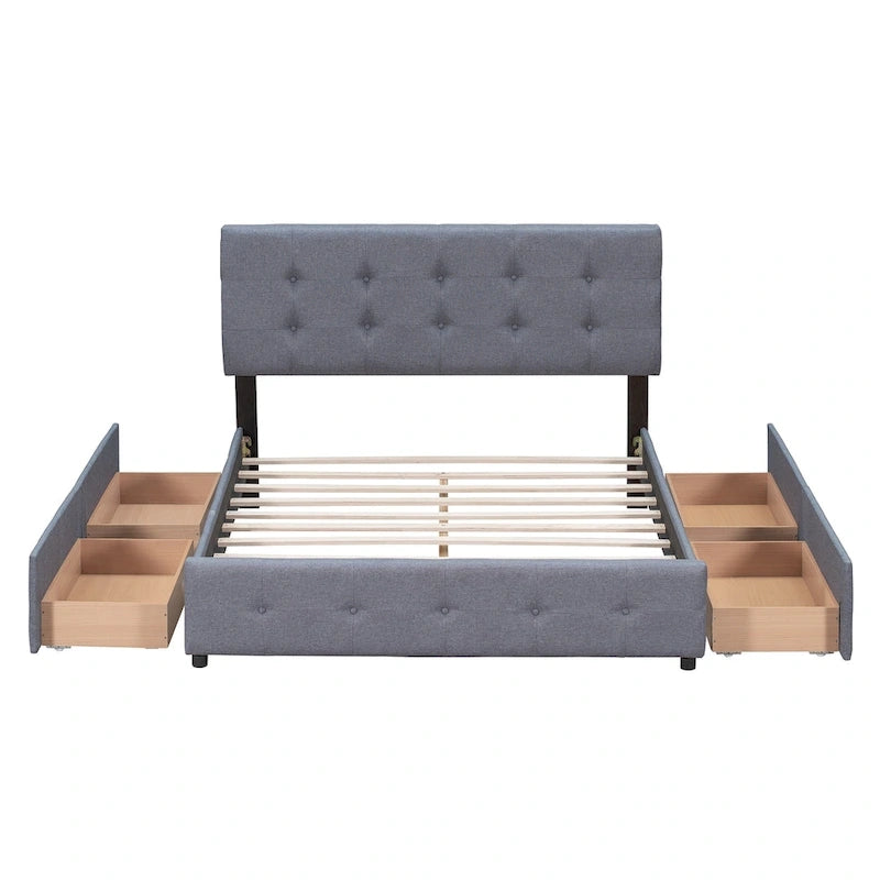 Cadre de lit plateforme capitonné en lin, grand lit (Queen Size), avec 4 tiroirs de rangement