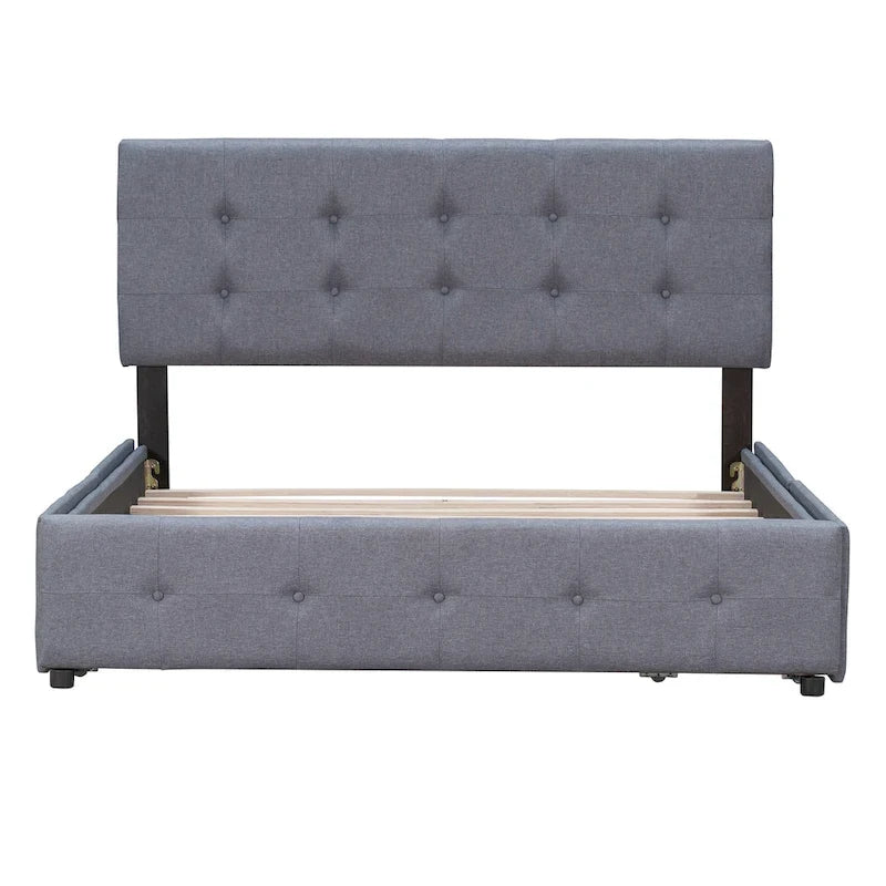 Cadre de lit plateforme capitonné en lin, grand lit (Queen Size), avec 4 tiroirs de rangement