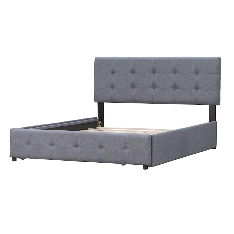 Cadre de lit plateforme capitonné en lin, grand lit (Queen Size), avec 4 tiroirs de rangement